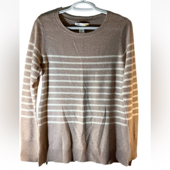 EUC C&C california Striped Cashmere 2-Ply 100% Tunic Sweater CREAM Stripe SZ L - Picture 1 of 6
